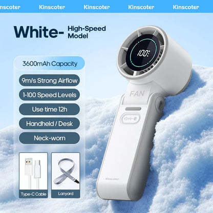 Kinscoter New Cooling Handheld Fan 3600mAh Foldable Portable Fan 100-Level Free Control High Speed Mini Personal Fan With Lanyar