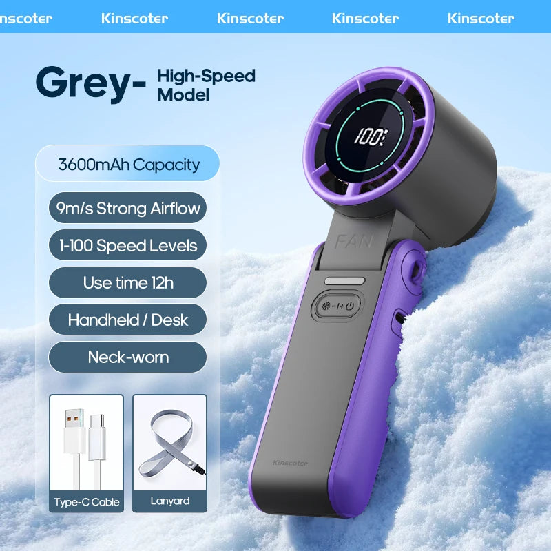 Kinscoter New Cooling Handheld Fan 3600mAh Foldable Portable Fan 100-Level Free Control High Speed Mini Personal Fan With Lanyar