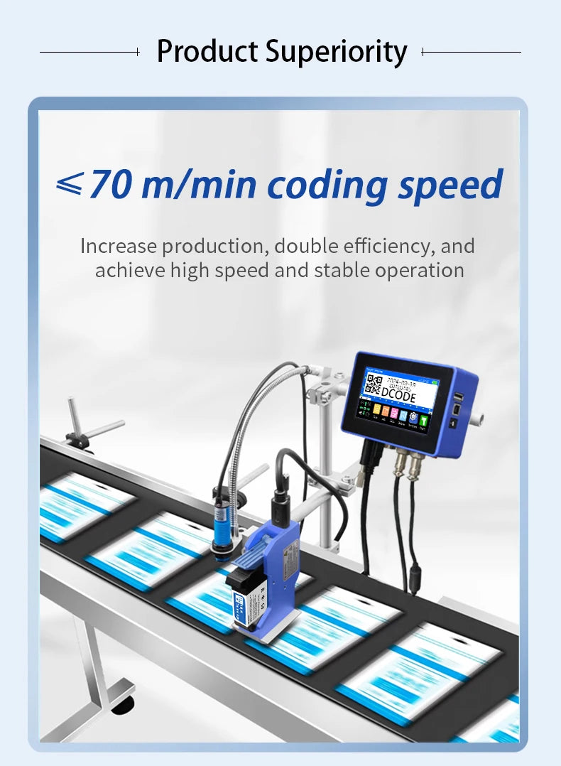 DCODE 130PLUS Industrial Online Inkjet Printer 12.7/25.4mm Nozzle with Plastic Shell QR Barcode Batch Number Logo Date Printer