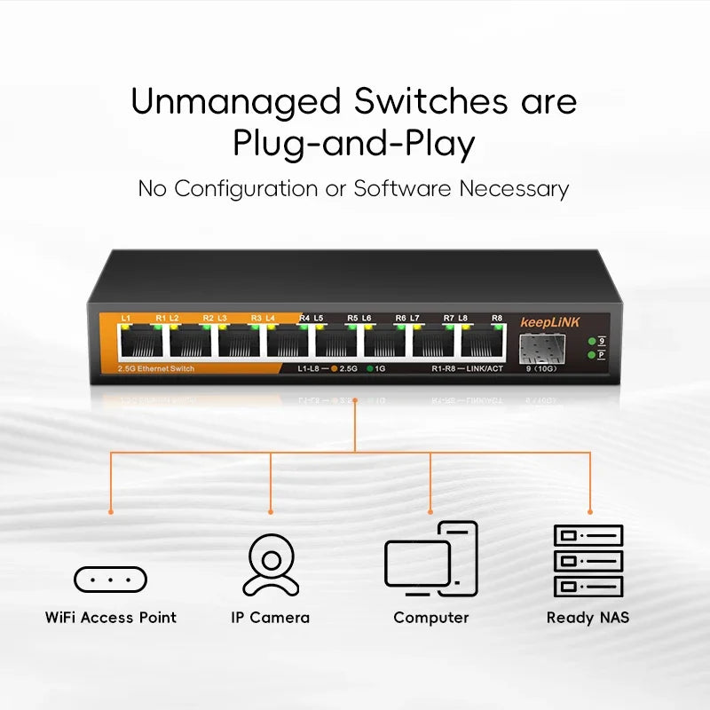 KeepLiNK 9-Port Multi-Gigabit Ethernet Switch Unmanaged 8- Port 2.5G RJ45 1-Port 10G SFP+ Uplink for Network Expansion