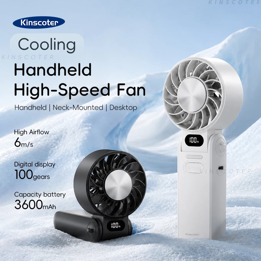 Kinscoter New Cooling Handheld Fan 3600mAh Foldable Portable Fan 100-Level Free Control High Speed Mini Personal Fan With Lanyar
