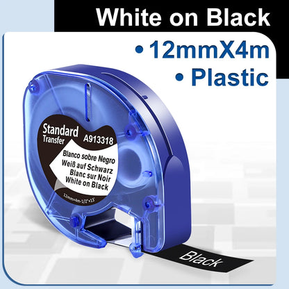 91200 91331 Compatible for Dymo Letra Tag Plastic Tape 12mm*4m Black on White LT 91331 12267 LT 91201 12267 for LT-100H LT-100