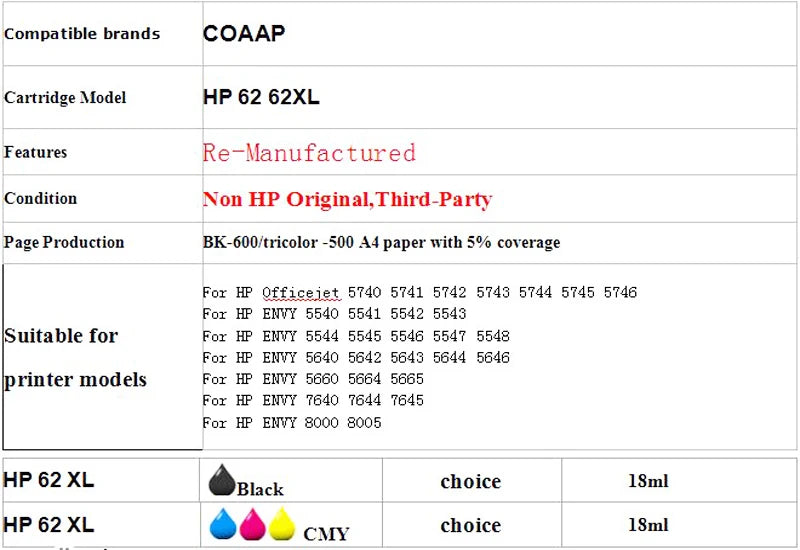 Re-Manufactured Ink Cartridge for HP 62 62XL For HP Envy 5640 5660 7640 5540 5544 5545 5546 5548 & Officejet 5740 5741 5742 5743
