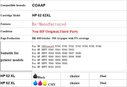 Re-Manufactured Ink Cartridge for HP 62 62XL For HP Envy 5640 5660 7640 5540 5544 5545 5546 5548 & Officejet 5740 5741 5742 5743