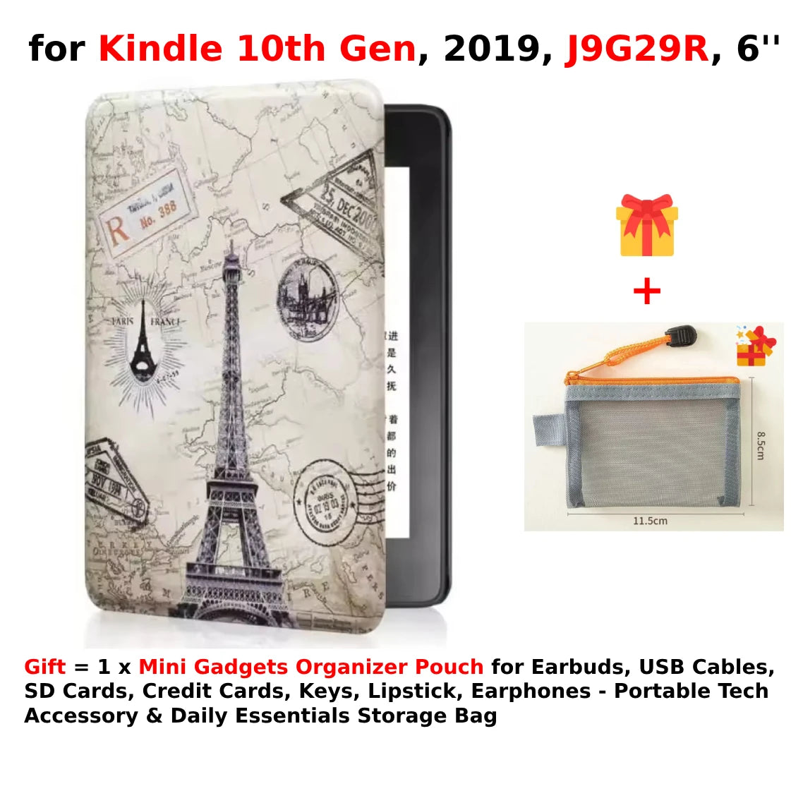 For Kindle 10th Generation Case + Mini Gadgets Organizer Pouch 6'' J9G29R 2019 Leather Cover Auto Wake/Sleep Kindle Skin Funda