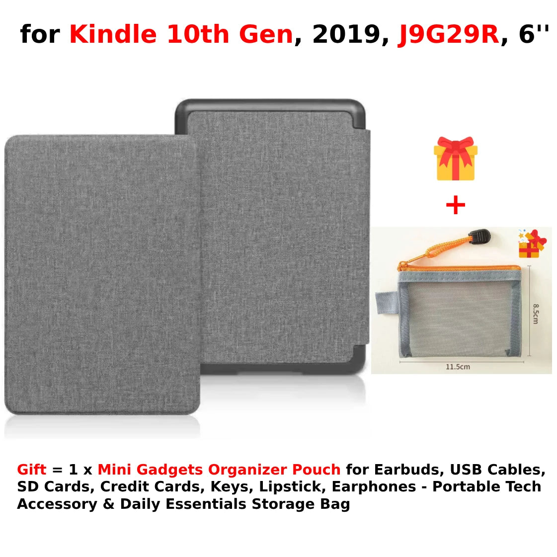 For Kindle 10th Generation Case + Mini Gadgets Organizer Pouch 6'' J9G29R 2019 Leather Cover Auto Wake/Sleep Kindle Skin Funda