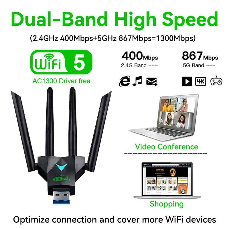 Dual Band 1300Mbps WiFi USB Adapter 2.4G/5Ghz Wi-Fi Dongle USB3.0 802.11AC 4-Antenna Wireless Receiver For PC/Laptop Driver Free
