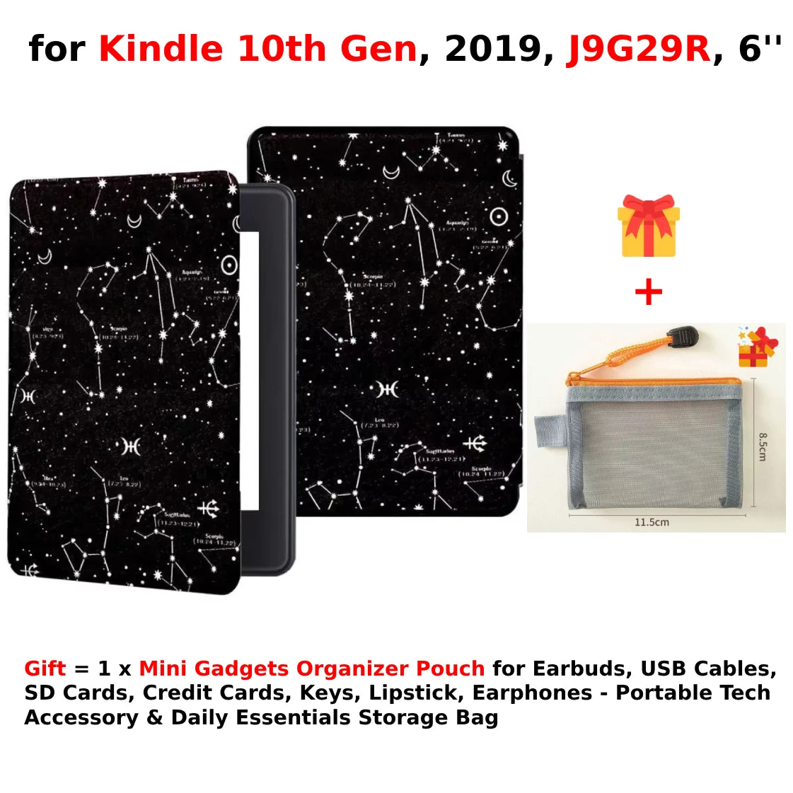 For Kindle 10th Generation Case + Mini Gadgets Organizer Pouch 6'' J9G29R 2019 Leather Cover Auto Wake/Sleep Kindle Skin Funda