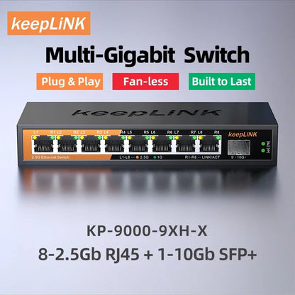 KeepLiNK 9-Port Multi-Gigabit Ethernet Switch Unmanaged 8- Port 2.5G RJ45 1-Port 10G SFP+ Uplink for Network Expansion