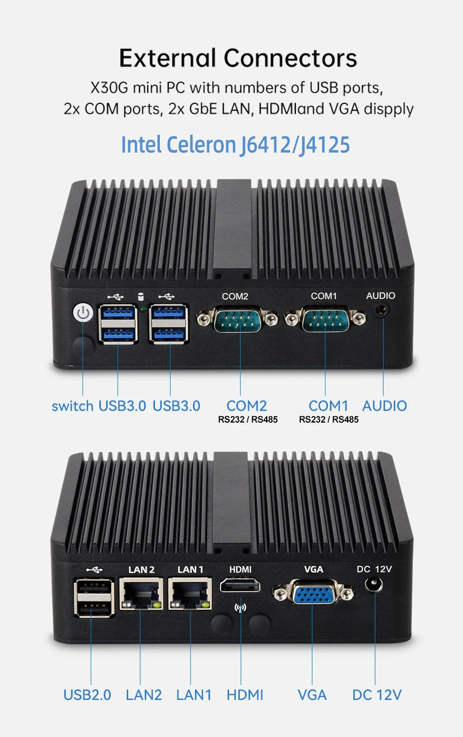 Fanless Industrial Mini PC Celeron J6412 J1900 J2900 N2840 2x COM RS232/RS485 2x Ethernet WiFi 4G LTE SIM Slot Windows Linux