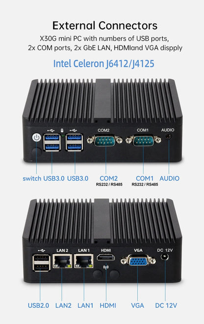 Fanless Industrial Mini PC Celeron J6412 J1900 J2900 N2840 2x COM RS232/RS485 2x Ethernet WiFi 4G LTE SIM Slot Windows Linux