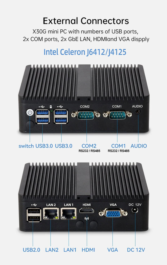 Fanless Industrial Mini PC Celeron J6412 J1900 J2900 N2840 2x COM RS232/RS485 2x Ethernet WiFi 4G LTE SIM Slot Windows Linux