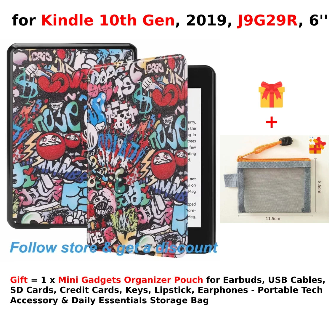 For Kindle 10th Generation Case + Mini Gadgets Organizer Pouch 6'' J9G29R 2019 Leather Cover Auto Wake/Sleep Kindle Skin Funda