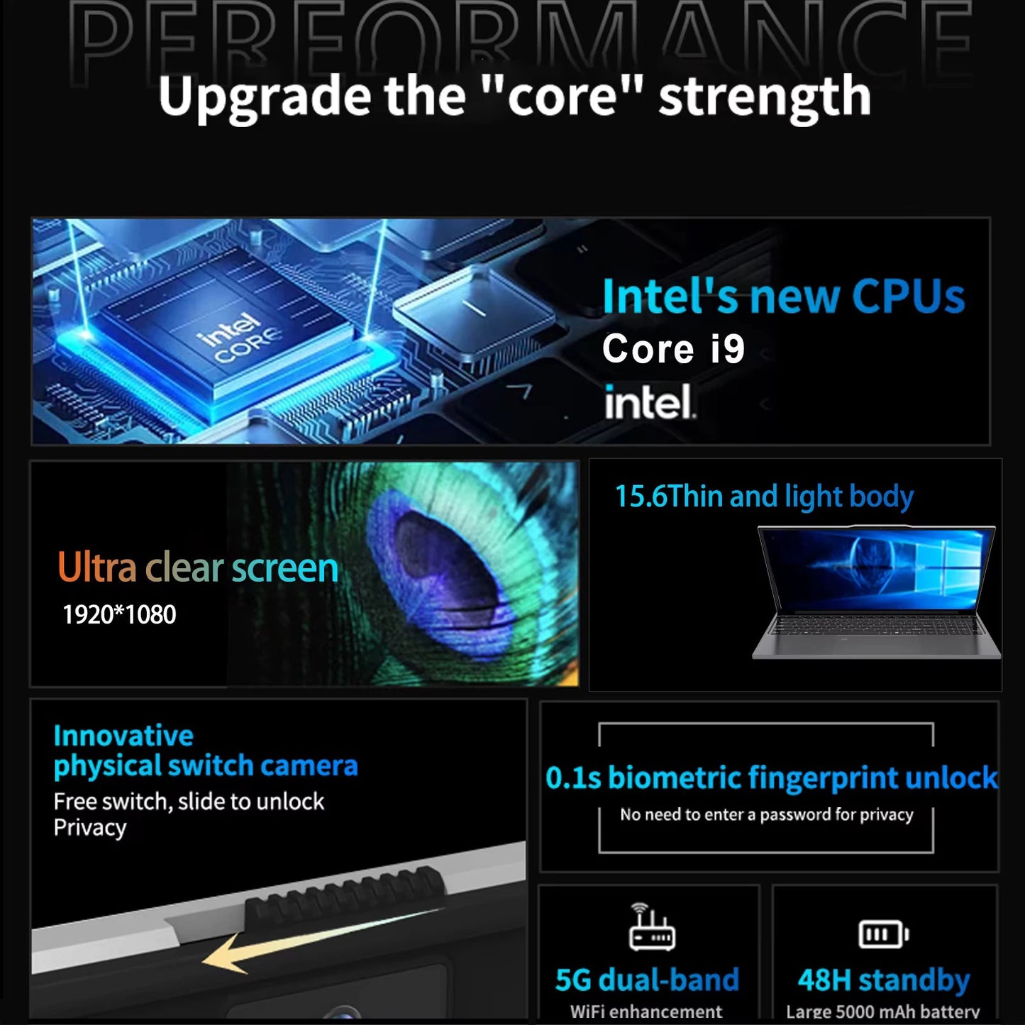 15.6 inch Laptop Windows 11 Intel Core i9 10980HK Portable Gaming PC 16GB RAM 1TB 2TB SSD Fingerprint Unlock Backlight Notebook