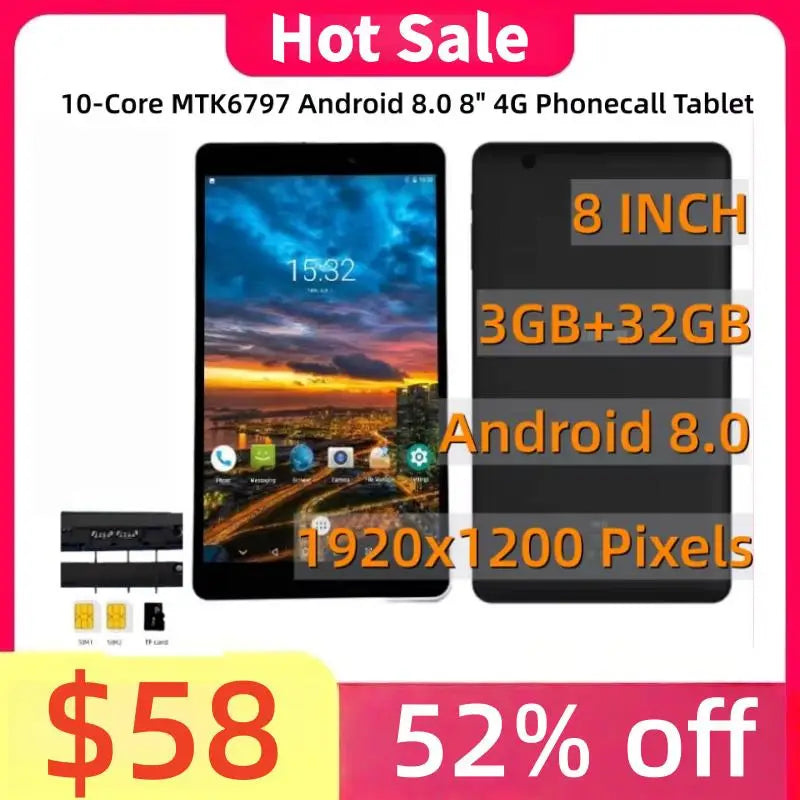 10-Core MTK6797 Android 8.0 8" 4G Phonecall Tablet 1920x1200 Pixels 3GB RAM 32GB ROM WIFI GPS Bluetooth 4.2 Dual SIM Card