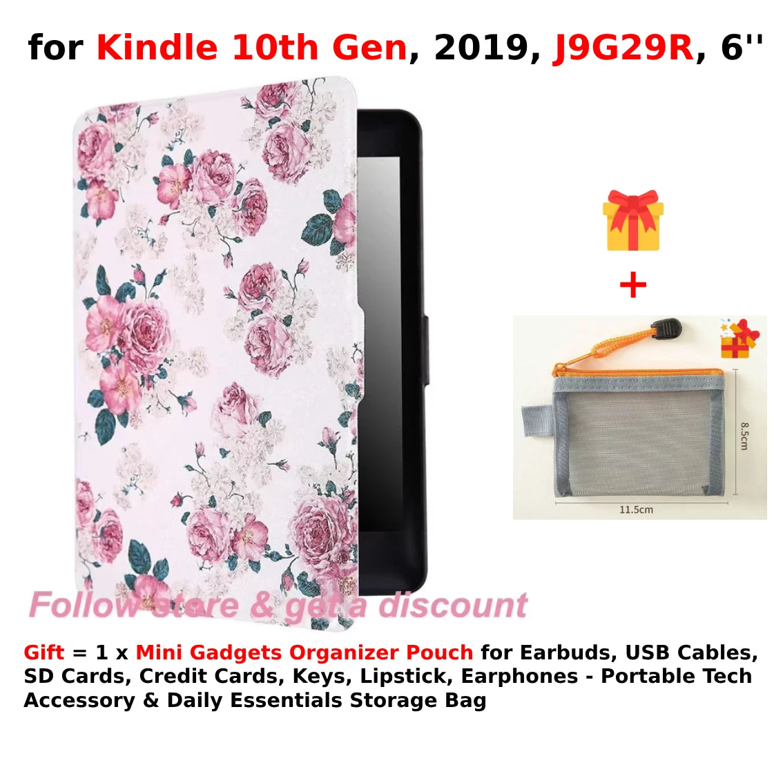 For Kindle 10th Generation Case + Mini Gadgets Organizer Pouch 6'' J9G29R 2019 Leather Cover Auto Wake/Sleep Kindle Skin Funda