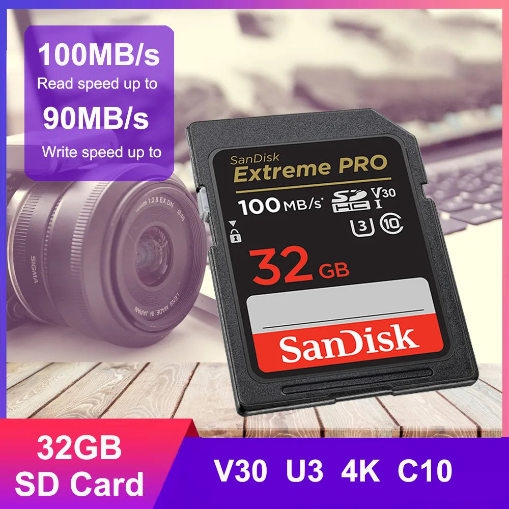 SanDisk Memory Card Extreme SD Card 4K UHD 32GB SDHC 64GB 128GB 256GB SDXC C10 U3 V30 up to 180M/s For 1080p 3D Full HD Camera