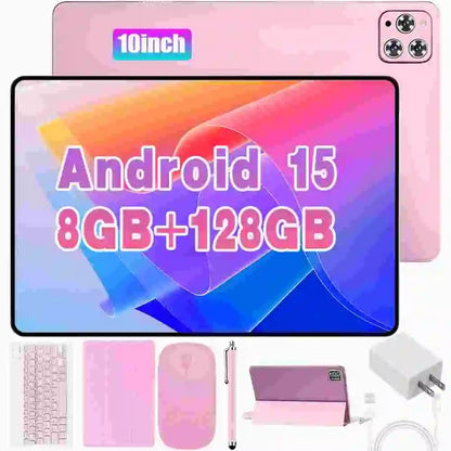 Android 15 10'' Tablet 8+128GB Ultra Slim Lightweight Kids Education Tablet with Full Set Keyboard Mouse Stylus Case Dual Speaker Home Office Tablet