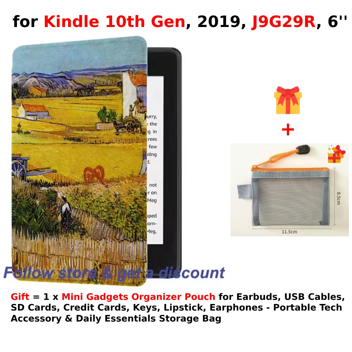For Kindle 10th Generation Case + Mini Gadgets Organizer Pouch 6'' J9G29R 2019 Leather Cover Auto Wake/Sleep Kindle Skin Funda