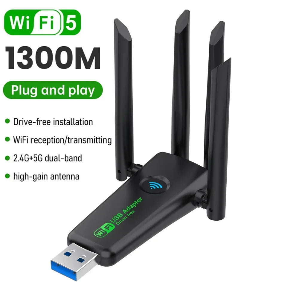 1200Mbps WiFi USB Adapter 2.4G+5Ghz Wi-Fi Dongle 4 Antenna 802.11AC USB3.0 High-Speed Wireless Card Receiver PC/Laptop