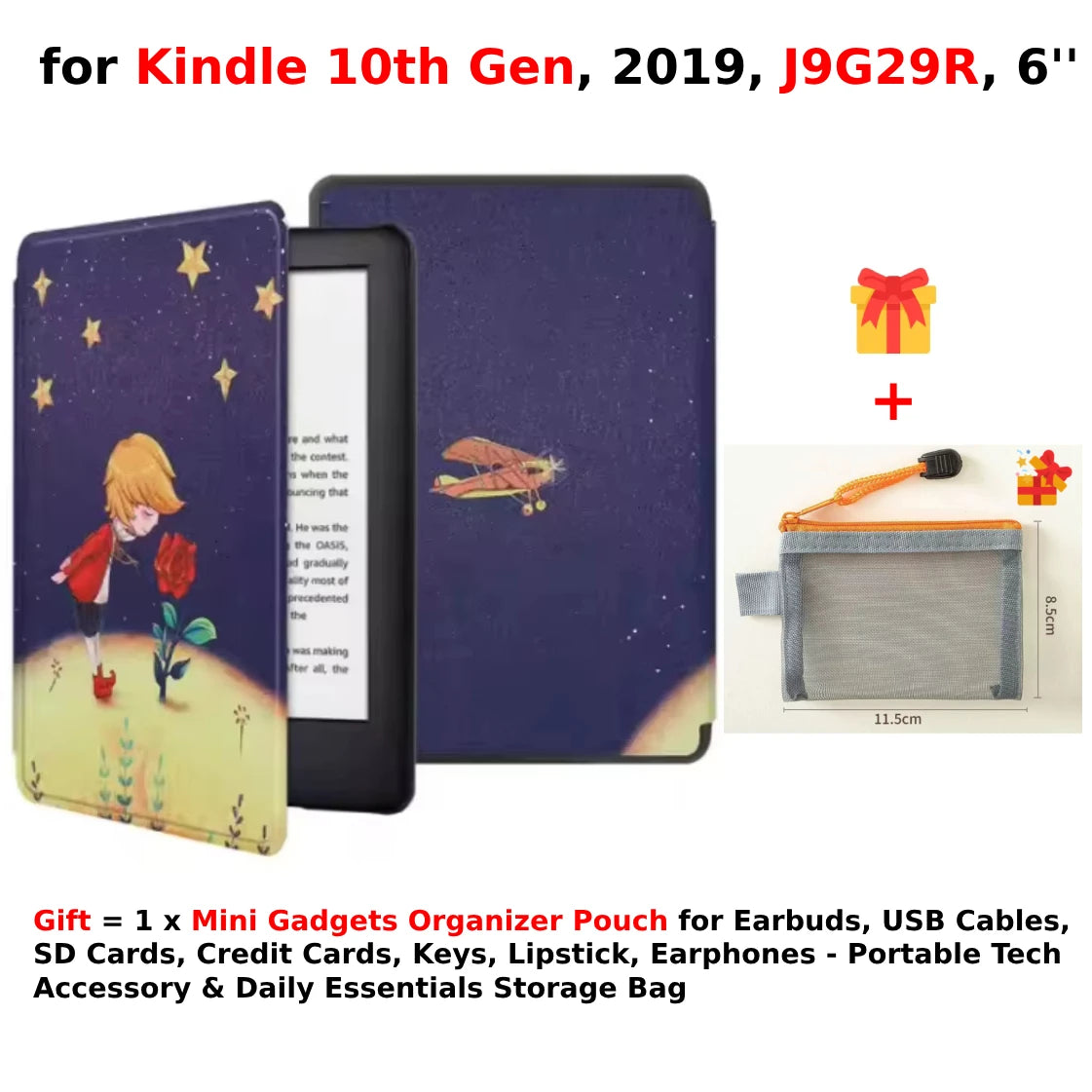 For Kindle 10th Generation Case + Mini Gadgets Organizer Pouch 6'' J9G29R 2019 Leather Cover Auto Wake/Sleep Kindle Skin Funda