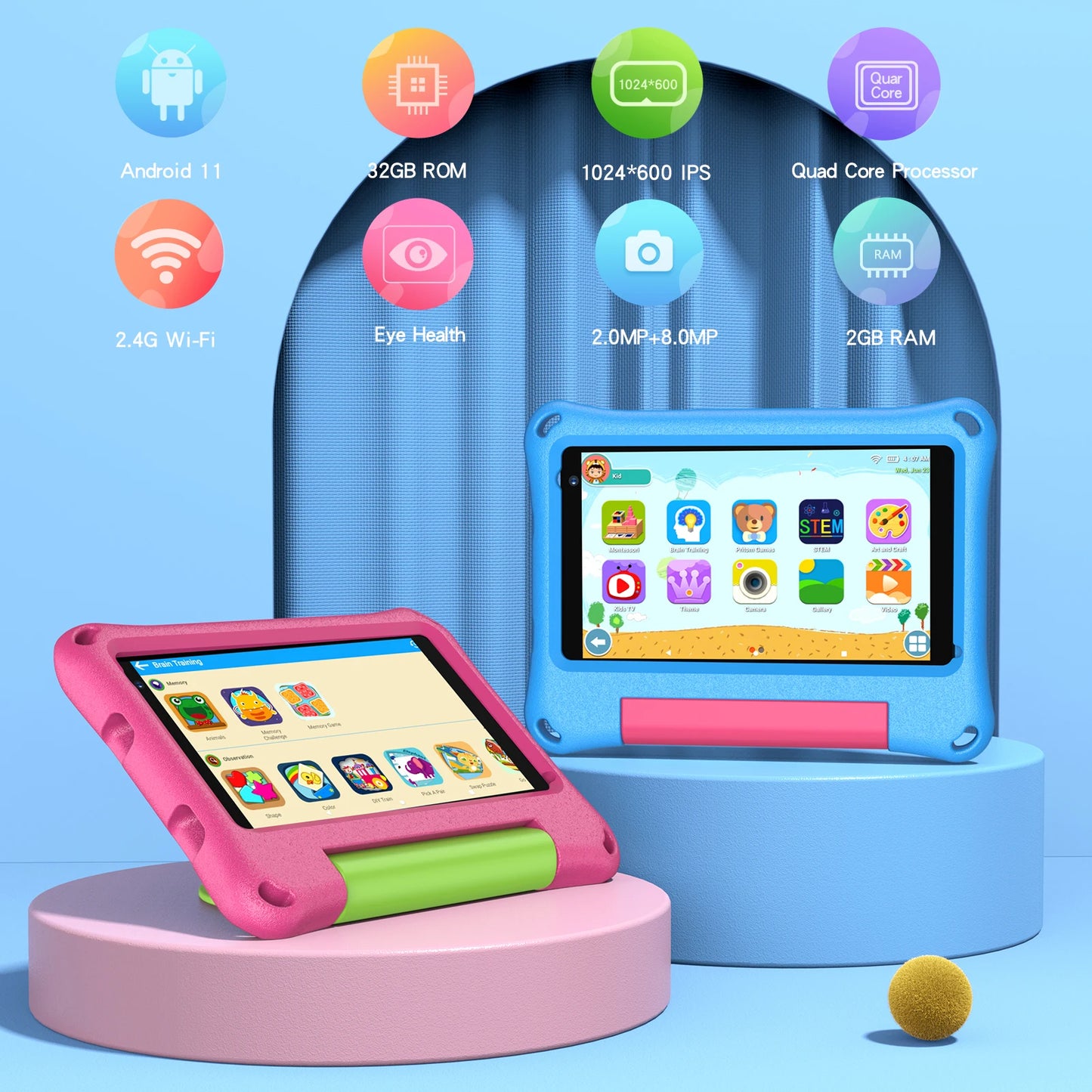 Kids Tablet 7 Inch tablet for toddlers, Android OS with 2 GB RAM and 32 GB storage, with WiFi, dual camera, child safety mode