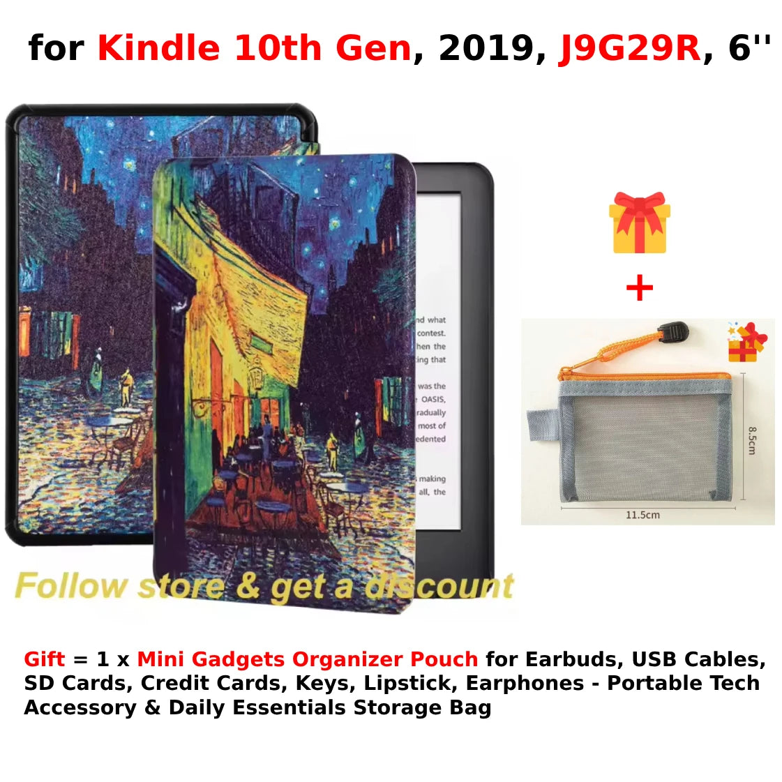 For Kindle 10th Generation Case + Mini Gadgets Organizer Pouch 6'' J9G29R 2019 Leather Cover Auto Wake/Sleep Kindle Skin Funda