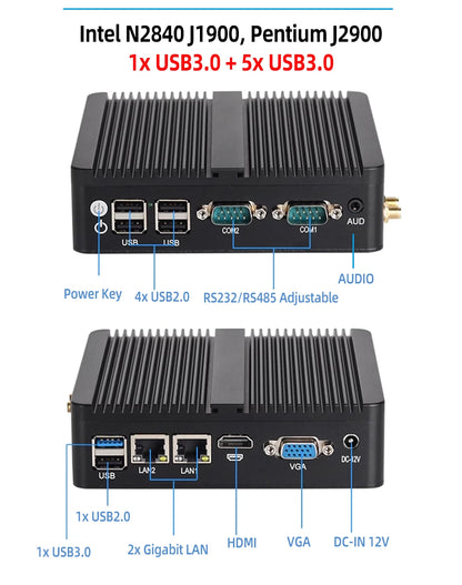 Fanless Industrial Mini PC Celeron J6412 J1900 J2900 N2840 2x COM RS232/RS485 2x Ethernet WiFi 4G LTE SIM Slot Windows Linux