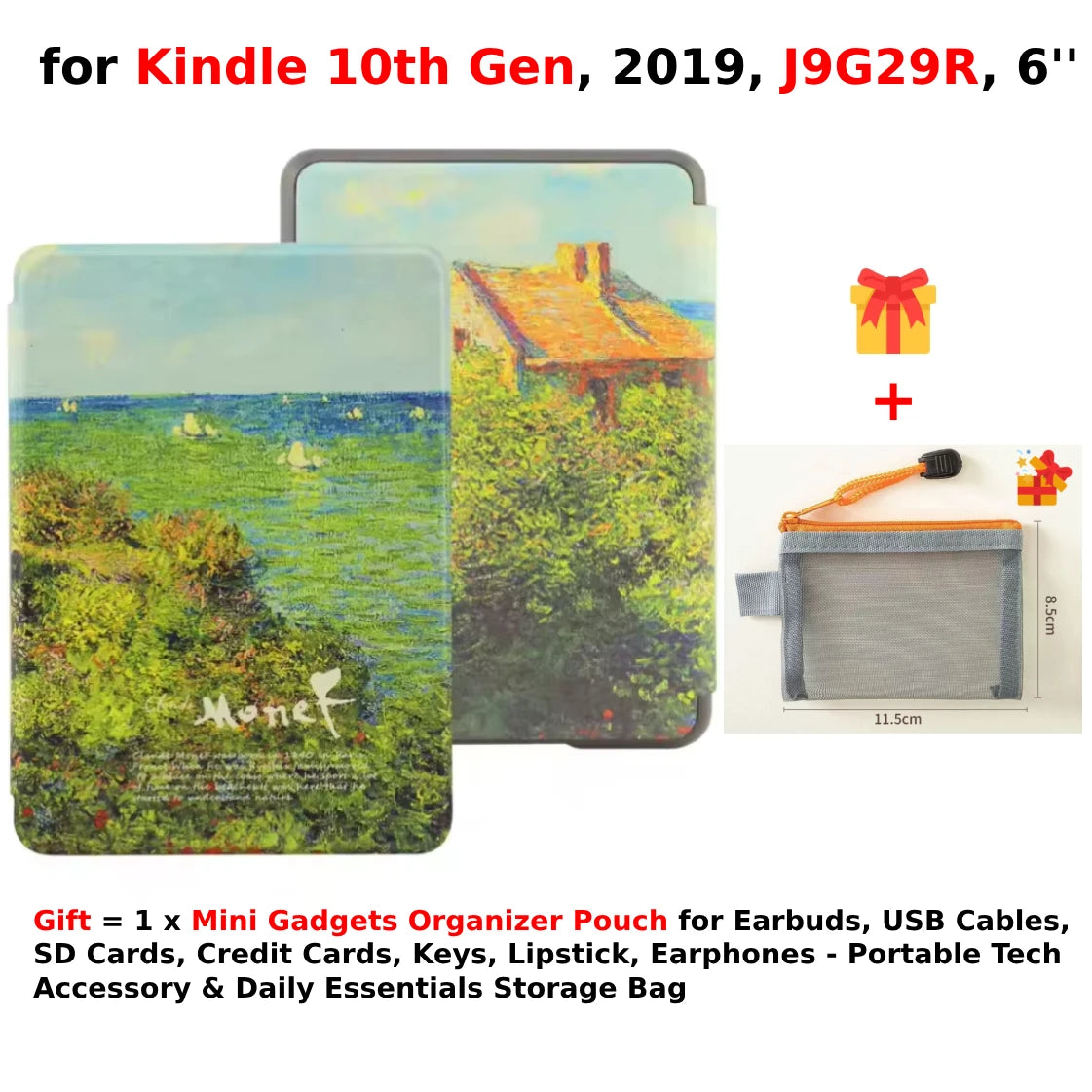 For Kindle 10th Generation Case + Mini Gadgets Organizer Pouch 6'' J9G29R 2019 Leather Cover Auto Wake/Sleep Kindle Skin Funda