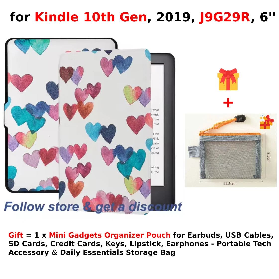 For Kindle 10th Generation Case + Mini Gadgets Organizer Pouch 6'' J9G29R 2019 Leather Cover Auto Wake/Sleep Kindle Skin Funda