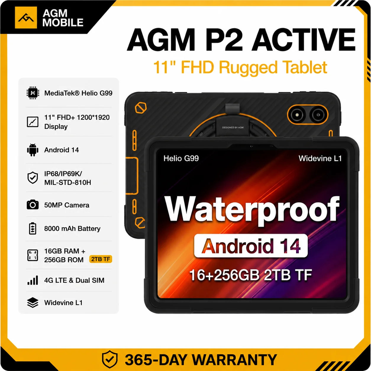 AGM P2 Active 11" FHD Rugged Tablet, IP68 Waterproof/Dustproof, 8GB RAM+256GB, Android 14, G99, Widevine L1 P2W Durable Pad