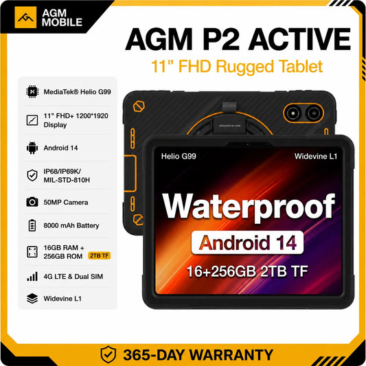 AGM P2 Active 11" FHD Rugged Tablet, IP68 Waterproof/Dustproof, 8GB RAM+256GB, Android 14, G99, Widevine L1 P2W Durable Pad