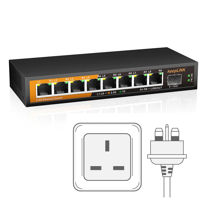 KeepLiNK 9-Port Multi-Gigabit Ethernet Switch Unmanaged 8- Port 2.5G RJ45 1-Port 10G SFP+ Uplink for Network Expansion
