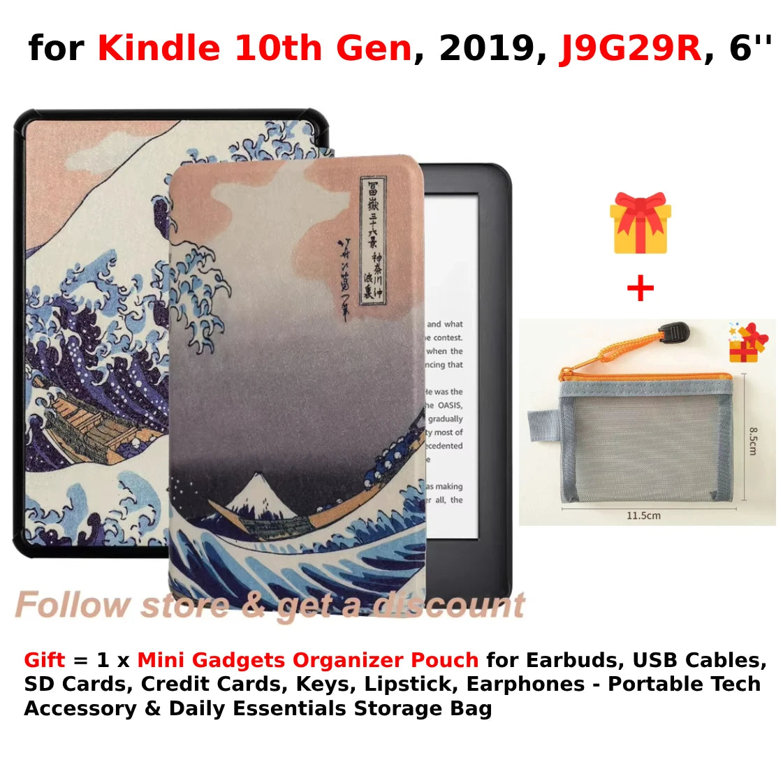 For Kindle 10th Generation Case + Mini Gadgets Organizer Pouch 6'' J9G29R 2019 Leather Cover Auto Wake/Sleep Kindle Skin Funda