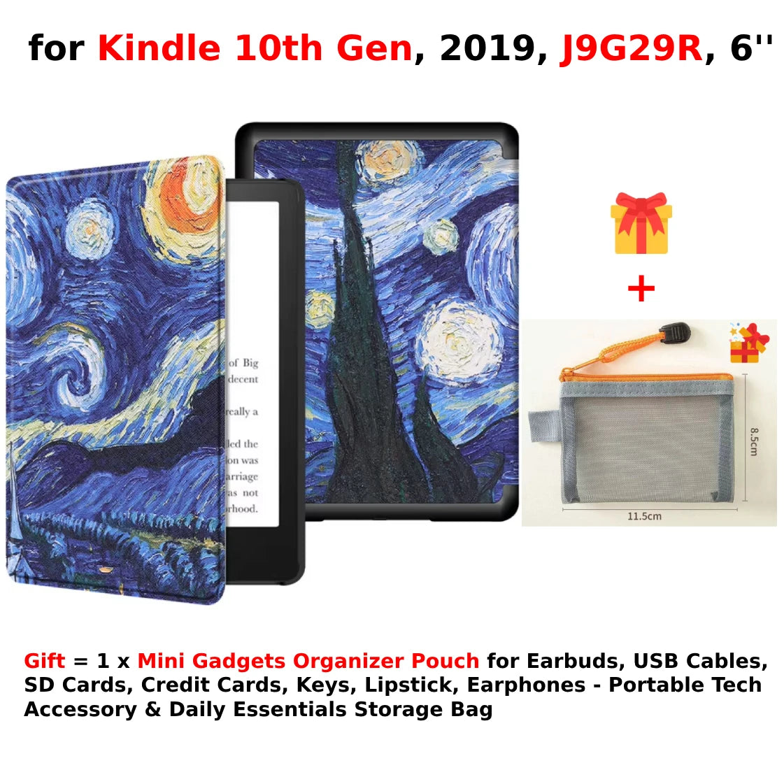 For Kindle 10th Generation Case + Mini Gadgets Organizer Pouch 6'' J9G29R 2019 Leather Cover Auto Wake/Sleep Kindle Skin Funda
