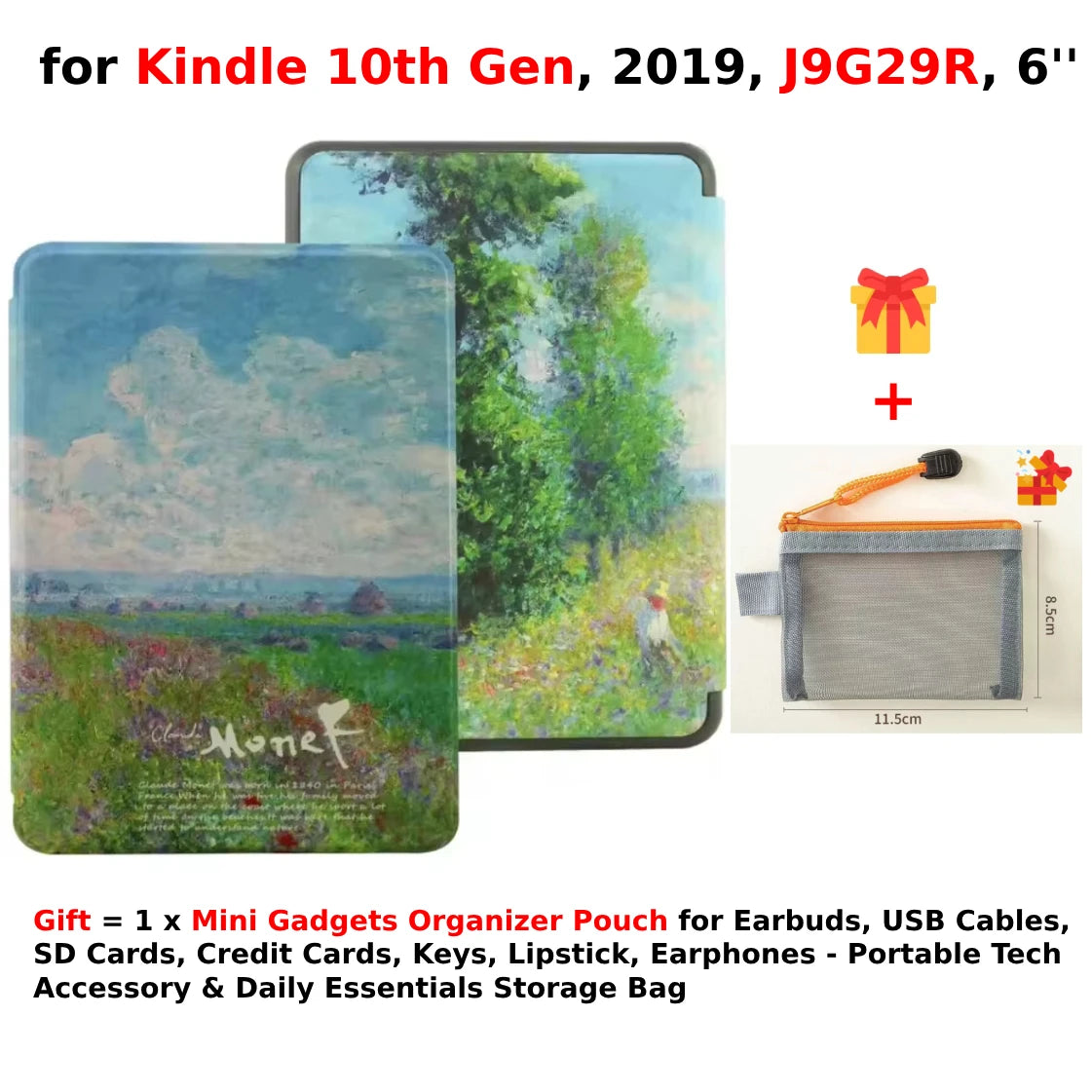 For Kindle 10th Generation Case + Mini Gadgets Organizer Pouch 6'' J9G29R 2019 Leather Cover Auto Wake/Sleep Kindle Skin Funda