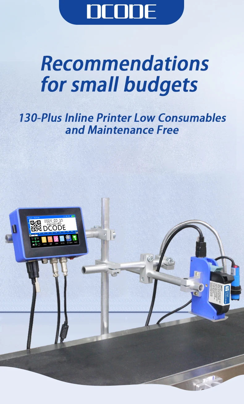 DCODE 130PLUS Industrial Online Inkjet Printer 12.7/25.4mm Nozzle with Plastic Shell QR Barcode Batch Number Logo Date Printer