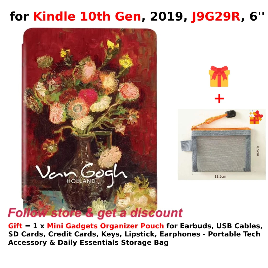 For Kindle 10th Generation Case + Mini Gadgets Organizer Pouch 6'' J9G29R 2019 Leather Cover Auto Wake/Sleep Kindle Skin Funda
