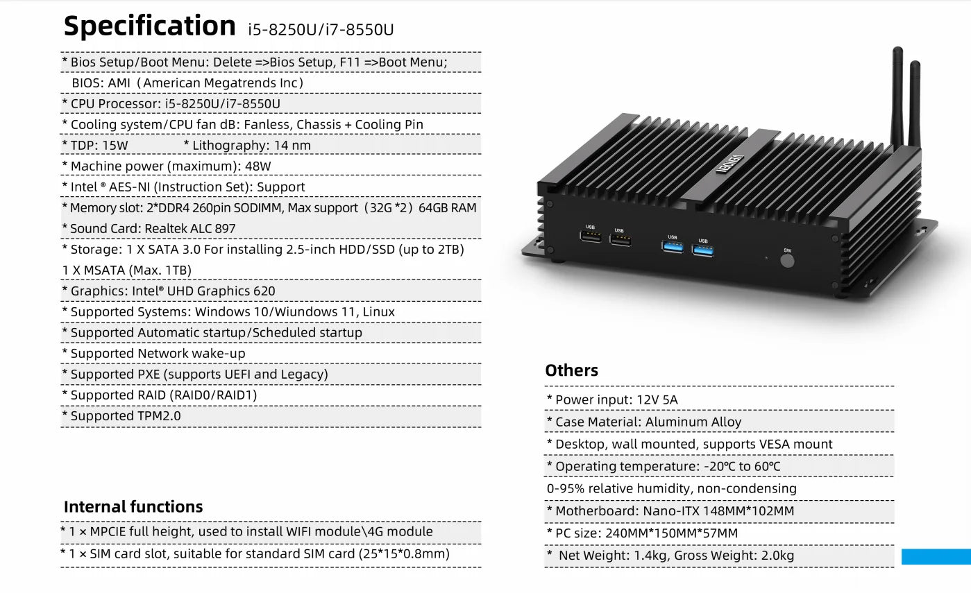 8th gen Intel Core i7-8550U i5-8250U Fanless Mini PC HDMI VGA RS232 COM Windows 10 Pro Industrial Rugged ITX Mute Computer 4G