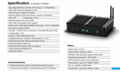8th gen Intel Core i7-8550U i5-8250U Fanless Mini PC HDMI VGA RS232 COM Windows 10 Pro Industrial Rugged ITX Mute Computer 4G