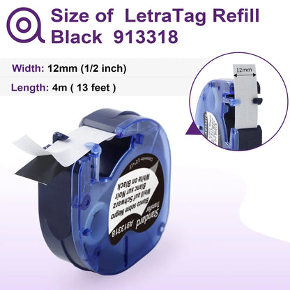 91200 91331 Compatible for Dymo Letra Tag Plastic Tape 12mm*4m Black on White LT 91331 12267 LT 91201 12267 for LT-100H LT-100