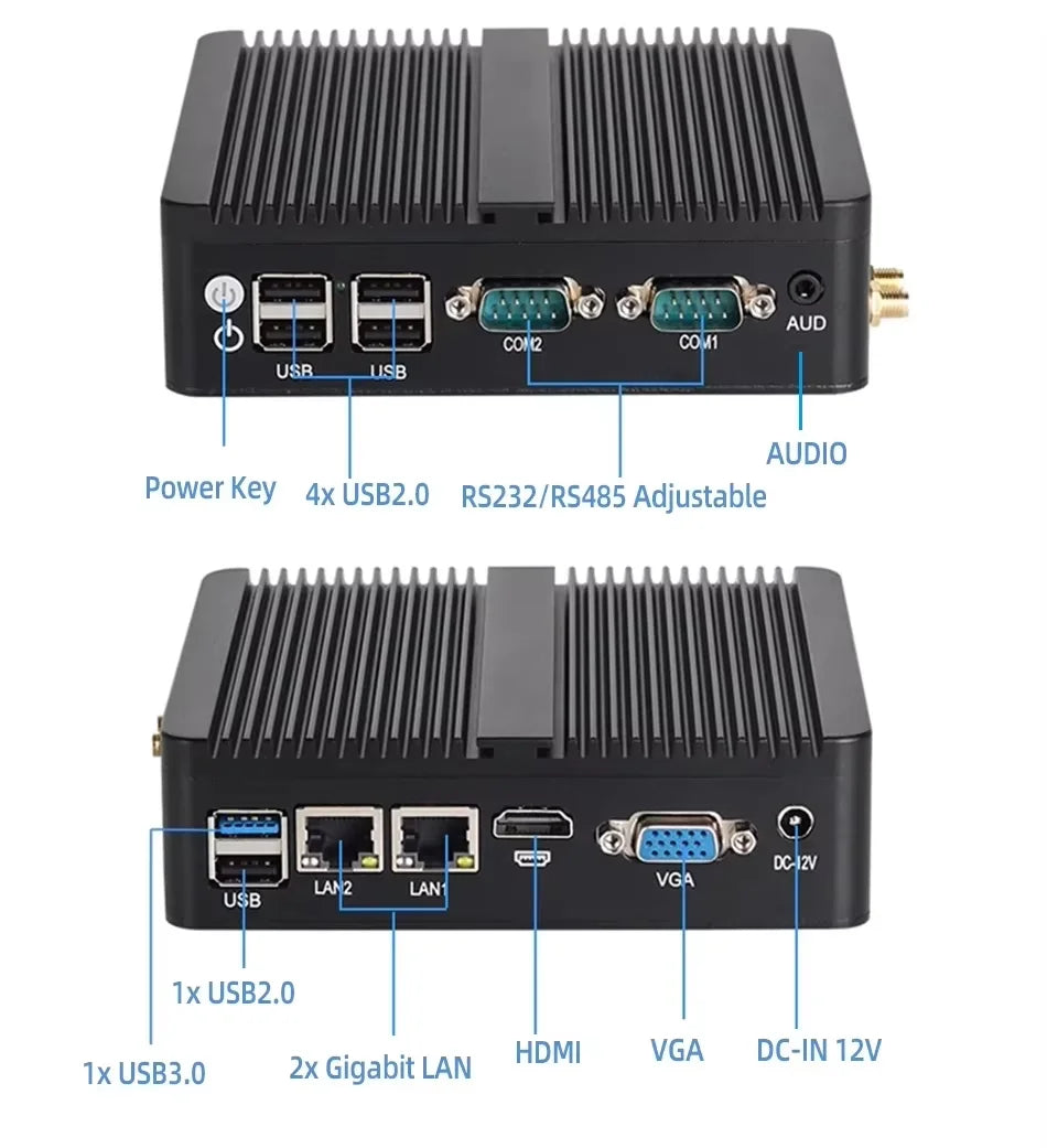 Fanless Mini Industrial PC Intel Celeron N5095 2x RS232 Serial Ports 2x Gigabit Ethernet Mini-PCIe Expansion Windows Linux