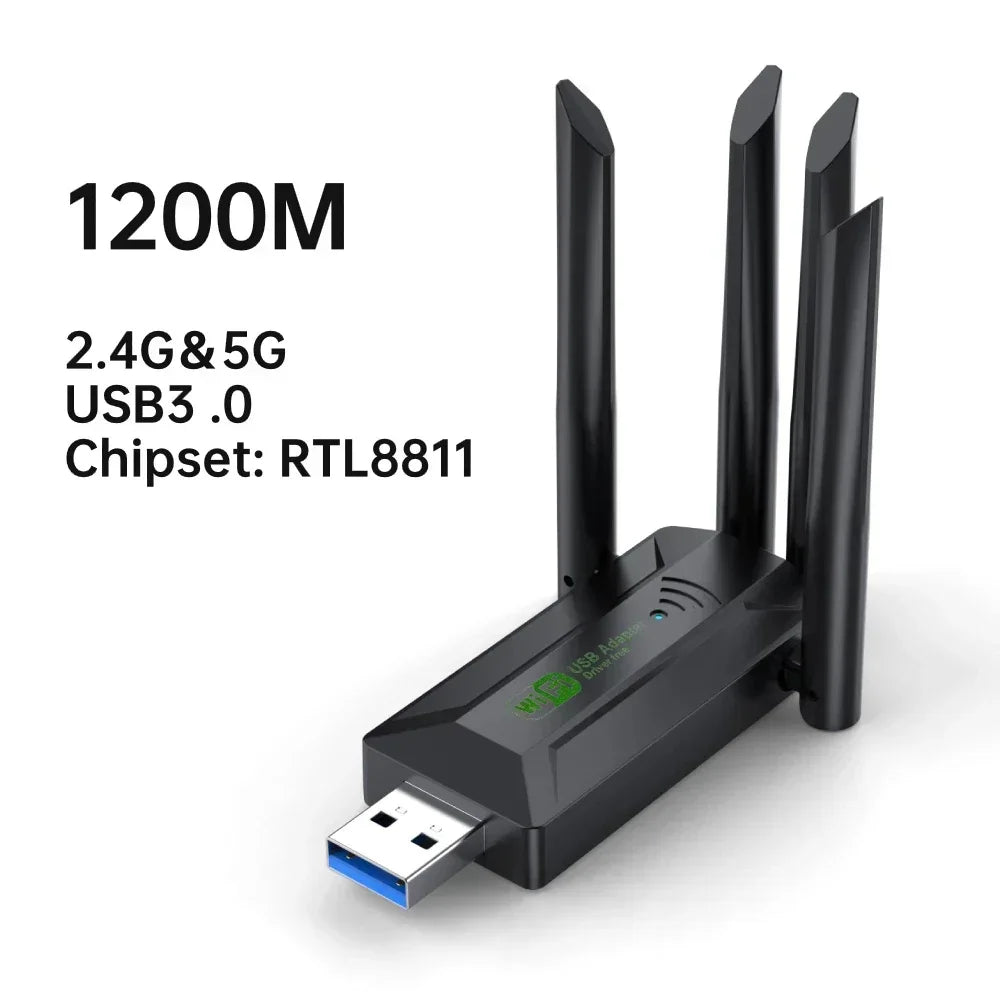 1200Mbps WiFi USB Adapter 2.4G+5Ghz Wi-Fi Dongle 4 Antenna 802.11AC USB3.0 High-Speed Wireless Card Receiver PC/Laptop