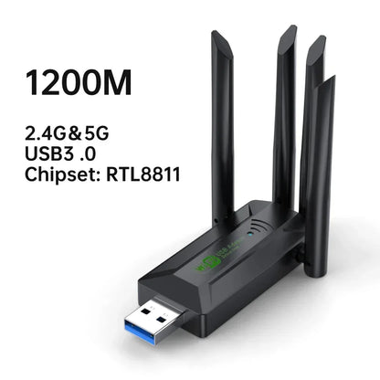 1200Mbps WiFi USB Adapter 2.4G+5Ghz Wi-Fi Dongle 4 Antenna 802.11AC USB3.0 High-Speed Wireless Card Receiver PC/Laptop