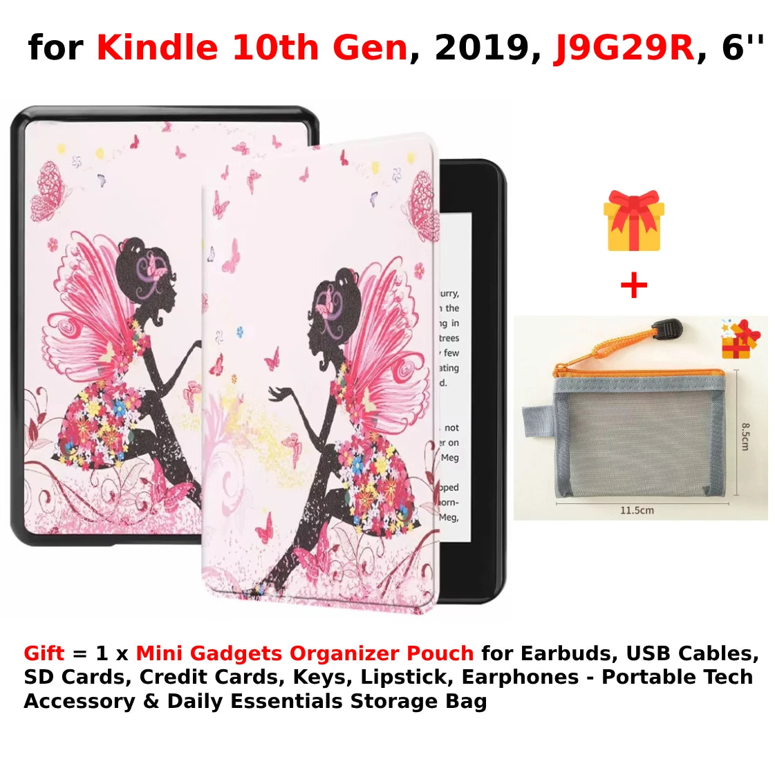 For Kindle 10th Generation Case + Mini Gadgets Organizer Pouch 6'' J9G29R 2019 Leather Cover Auto Wake/Sleep Kindle Skin Funda
