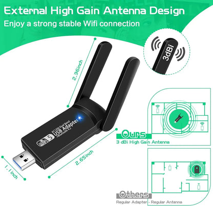 USB 3.0 WiFi Adapter 1300Mbps For Bluetooth 4.2 Dual Band 2.4G/5GHz USB Network Card Wireless Receiver For Desktop Laptop