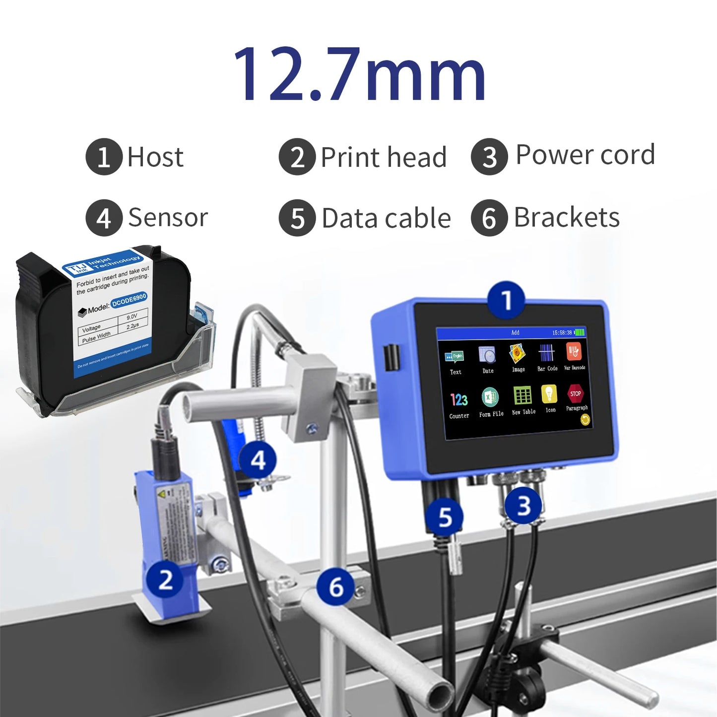 DCODE 130PLUS Industrial Online Inkjet Printer 12.7/25.4mm Nozzle with Plastic Shell QR Barcode Batch Number Logo Date Printer