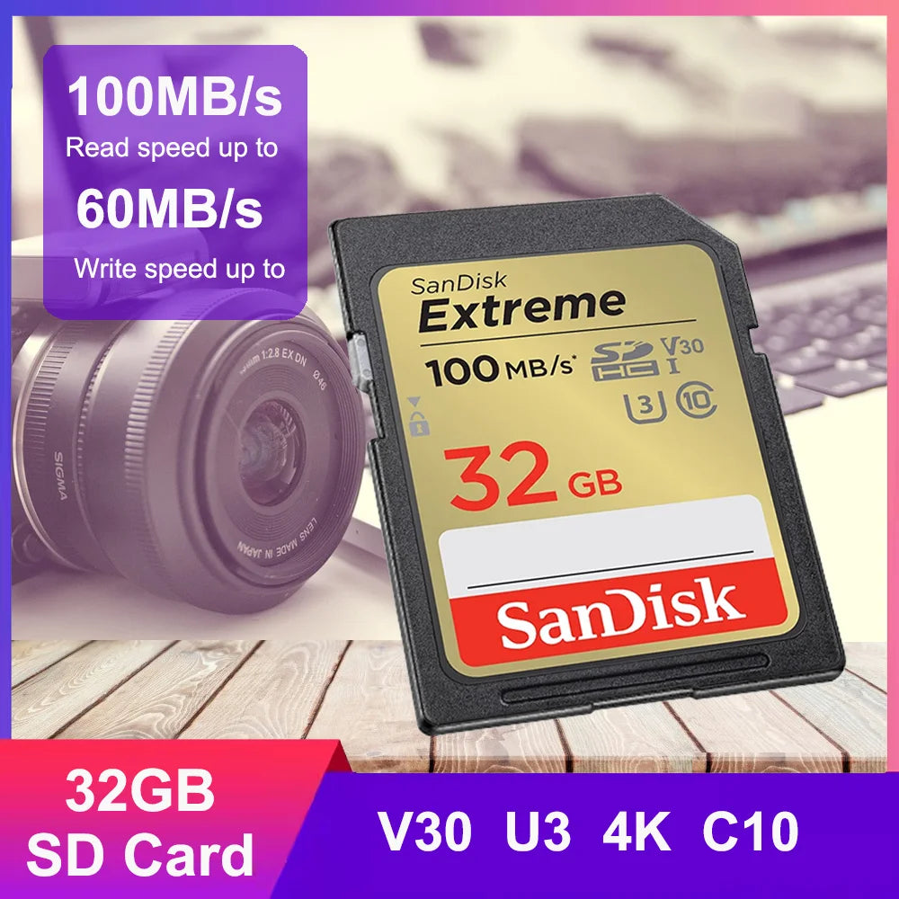 SanDisk Memory Card Extreme SD Card 4K UHD 32GB SDHC 64GB 128GB 256GB SDXC C10 U3 V30 up to 180M/s For 1080p 3D Full HD Camera