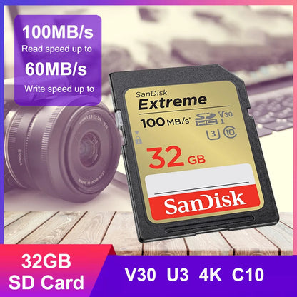 SanDisk Memory Card Extreme SD Card 4K UHD 32GB SDHC 64GB 128GB 256GB SDXC C10 U3 V30 up to 180M/s For 1080p 3D Full HD Camera