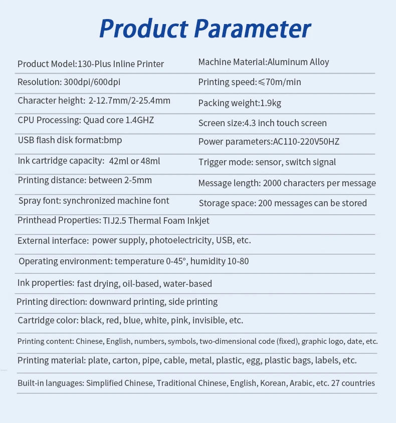 DCODE 130PLUS Industrial Online Inkjet Printer 12.7/25.4mm Nozzle with Plastic Shell QR Barcode Batch Number Logo Date Printer